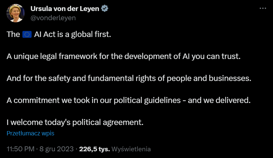 Przewodnicząca Komisji Europejskej Ursula von der Leyen o AI Act